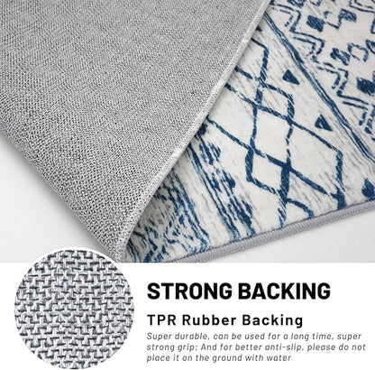 KUTA Moroccan Area Rugs, 2x3 Blue White Entryway Rug Non-Slip Washable Small Indoor Door Mat, Ultra Soft Print Vintage Distressed Geometric Low-Pile Floor Carpet for Entrance Kitchen