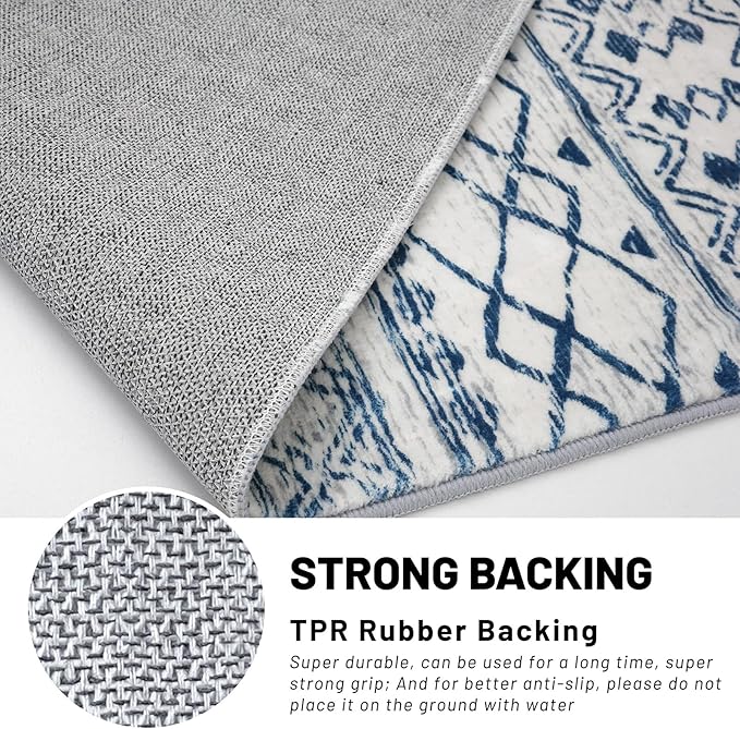 KUTA Moroccan 8x10 Rugs for Living Room Blue White, Washable Boho Area Rug Non-Slip, Ultra Soft Geometric Tribal Traditional Farmhouse Carpet for Dining Room Bedroom Dorm Office Home Decor