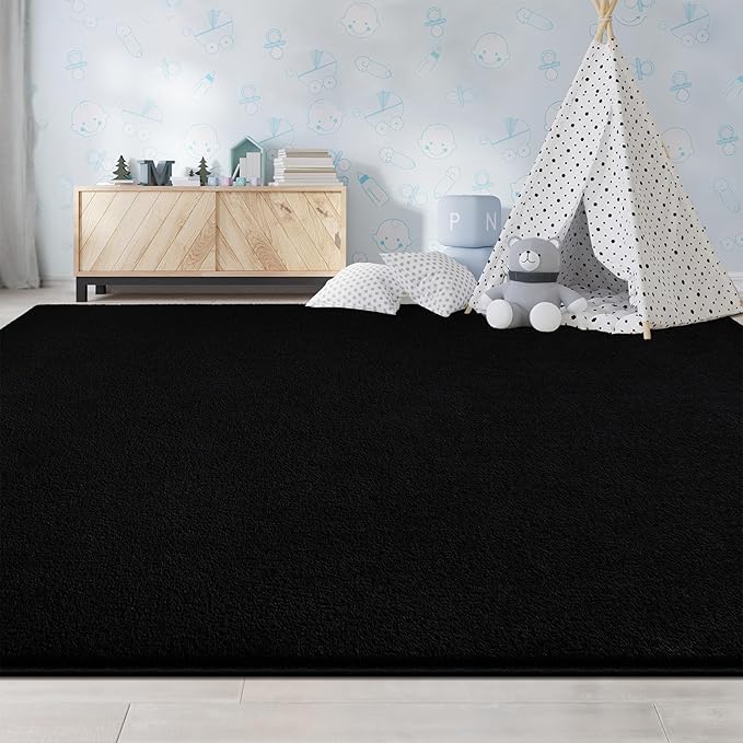 Large Area Rugs for Living Room Bedroom, 4x6 Feet Black Rug, Minimalist Modern Shag Rug, Soft Thick Comfy Memory Foam Indoor Carpet, Non-Slip Washable Rug for Boys Girls Dorm Nursery Room Home Decor