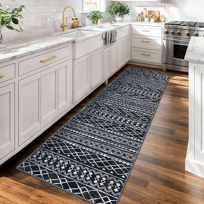 KUTA Moroccan Washable Kitchen Rug, 2x7 Non-Slip Vintage Black Boho Hallway Runner Rugs Ultra Soft Distressed Geometric Floor Carpet Runners for Bedroom Laundry Living Room