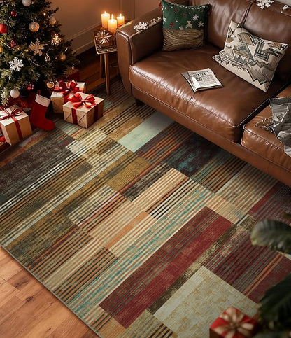 YIHOUSE Brown Area Rug 3x5, Farmhouse Rugs Washable,Vintage Burgundy Carpets for Bedroom,Burnt Orange Area Rug Non Slip,Geometric Boho Rug for Kitchen,Dining Room