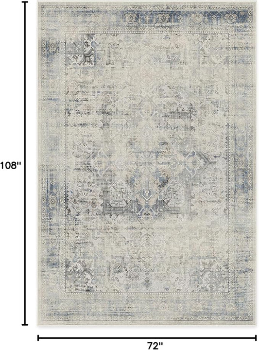 RUGGABLE Washable Vintage Area Rug – Kamran Blue Quartz 6x9, Stain-Resistant, Non-Slip – Medium Machine Washable Rugs for Living Room, Bedroom, Hallway, Entryway & Office–with Cushioned Pad