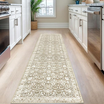 Hallway Runner Rug, Beige Tan White Washable Runner Rug 2x8 Vintage Floral Neutral Kitchen Rug Runner Non Slip Thin Printed Faux Wool Super Soft Carpet for Entryway Bedroom Laundry Room Indoor