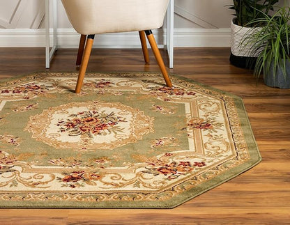 Rugs.com Chateau Collection Rug – 8' Octagon Green Medium Rug Perfect for Living Rooms, Kitchens, Entryways