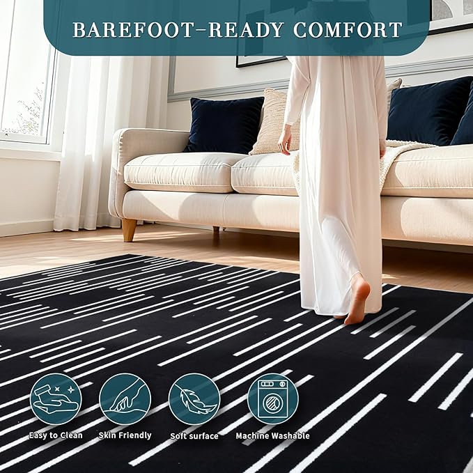 YIHOUSE Abstract Washable Rug 5x7,Ultra Thin Non Slip Black Rugs for Living Room,Modern Minimalist White Stripe Rugs for Bedroom,Dining Room Office Playroom (5'x7',Black-3)