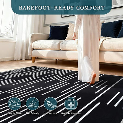 YIHOUSE Abstract Washable Rug 5x7,Ultra Thin Non Slip Black Rugs for Living Room,Modern Minimalist White Stripe Rugs for Bedroom,Dining Room Office Playroom (5'x7',Black-3)