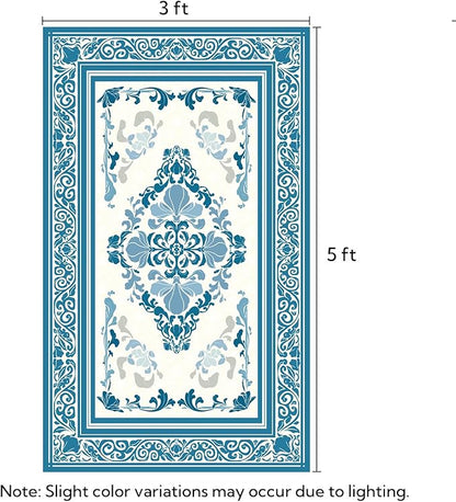 SOULFUL Medium Pile 3x5 Area Rug - Soft Foot Feel Small Entryway Rug - Blue Boho Floral - Washable Non-Slip - Perfect for Living Room Bedroom Foot Kids Room Reading Nook