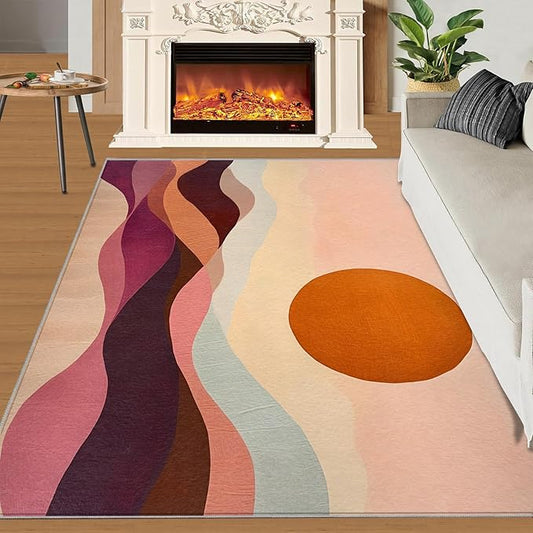 Boho Sun Area Rugs 3x4ft, Minimalist Line Kids Bedroom Rug, Geometric Solar Bedside Rug Durable Non Slip for Cafe Living Room Under Table Boys Room Decor