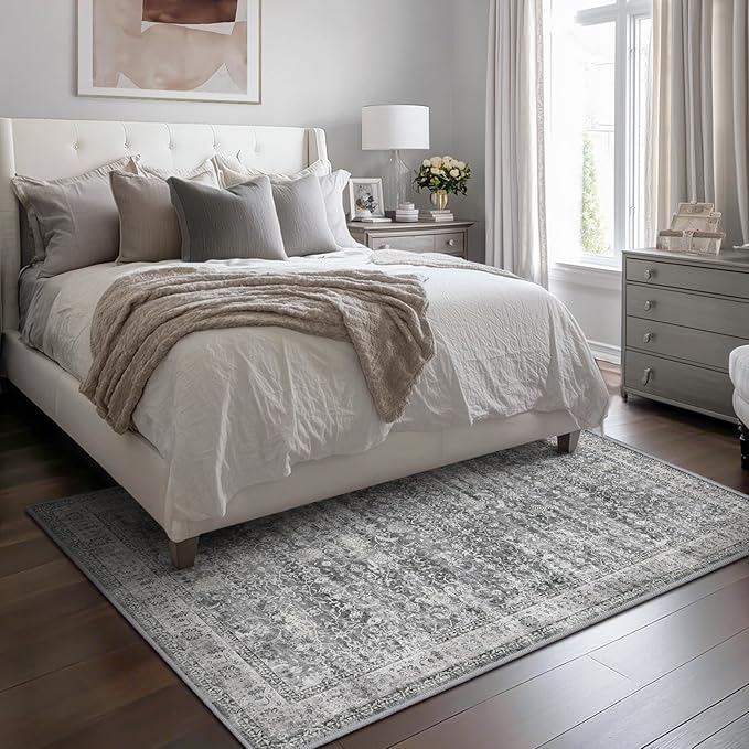 Washable Gray 5x8 Area Rugs, Neutral Vintage Grey and Ivory Carpet for Living Room Bedroom, Low Pile Thin Rug with Non Slip Rubber Backing for Dining Room Home Office