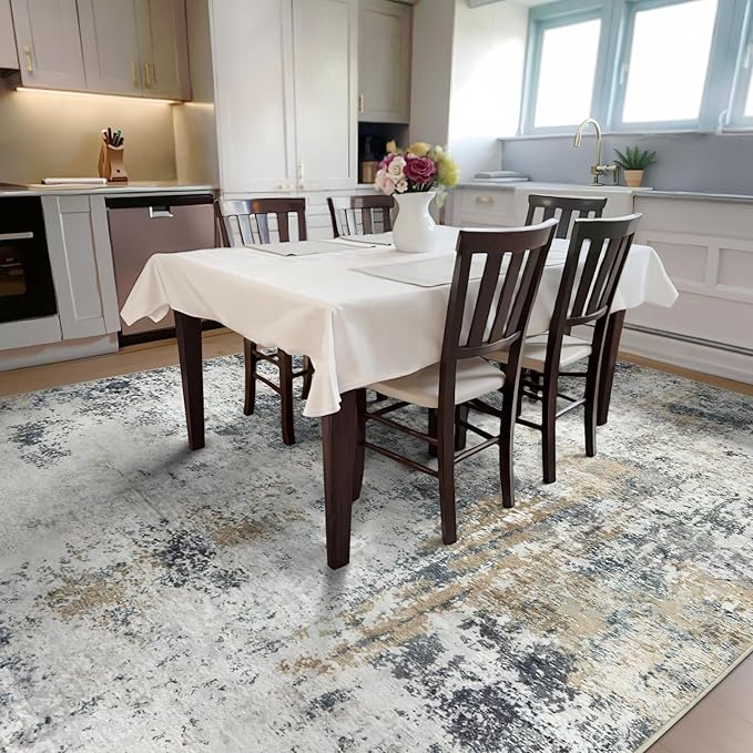 Washable Area Rug 5x7 - Neutral Modern Abstract Rugs, Soft Non Slip Thin Carpet with for Bedroom, Under Dining Room Table, Home, Office, Dorm, Office Rolling Chair - Green Yellow