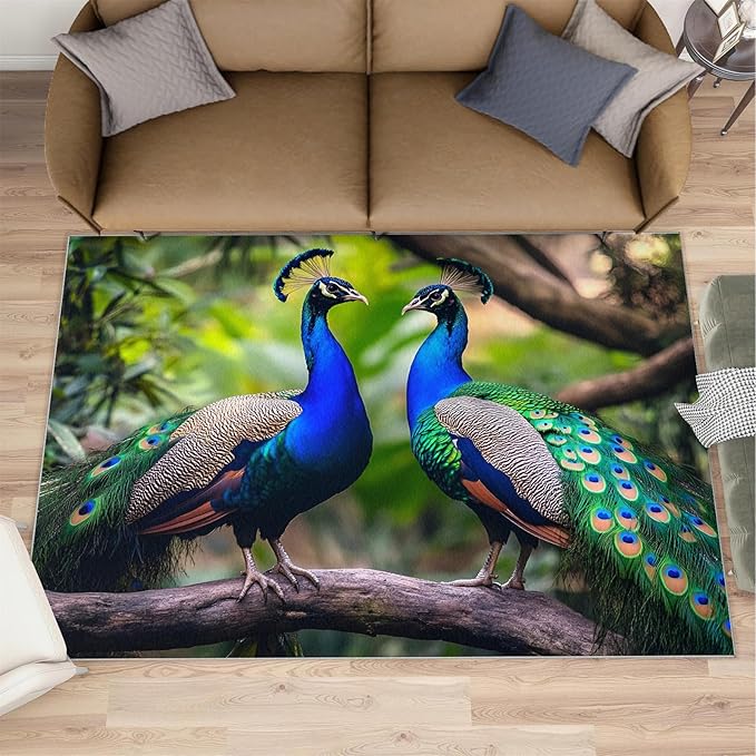 Peacock Rugs for Bedroom - 5x8 Rug, Peacock Couples Area Rugs for Living Room, Nature Carpet, Peafowl Washable Area Mat, Malachite Green Feather Carpet - Peafowl Home Decor & Gifts