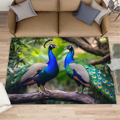 Peacock Rugs for Bedroom - 2x3 Rug, Peacock Couples Area Rugs for Living Room, Nature Carpet, Peafowl Washable Area Mat, Malachite Green Feather Carpet - Peafowl Home Decor & Gifts