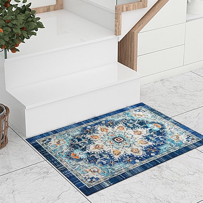 Easy-Going Boho Area Rug 2x3 Washable Entryway Rugs Front Door Mat Indoor Entrance Non-Slip Tangerine Vintage Small Entry Rug Lightweight for Living Room Bedroom Kitchen Bathroom, Floral Aqua Yellow