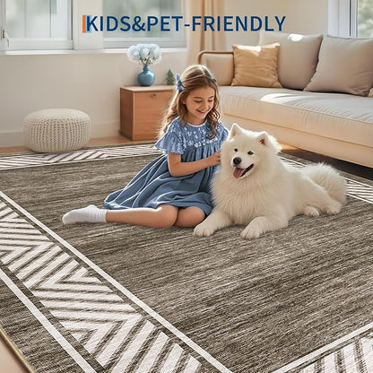 GarveeHome Bordered Bedroom Rugs 5x7 Ultra-Soft Indoor Carpet, Non-Slip Modern Geometric Living Room Rug, Stain-Resistant Neutral Accent Floor Cover for Dining Room, Nursery, Office, Brown