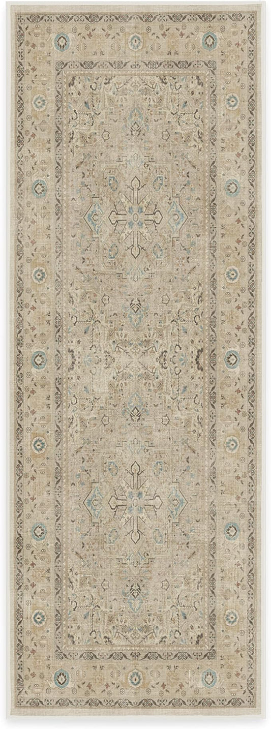 RUGGABLE Washable Vintage Runner Rug – Kamran Ivory Opal 2.5x7, Stain-Resistant, Non-Slip Hallway Runner – Machine Washable Rug for Hallway, Entryway, Living Room & Kitchen – with Standard Pad
