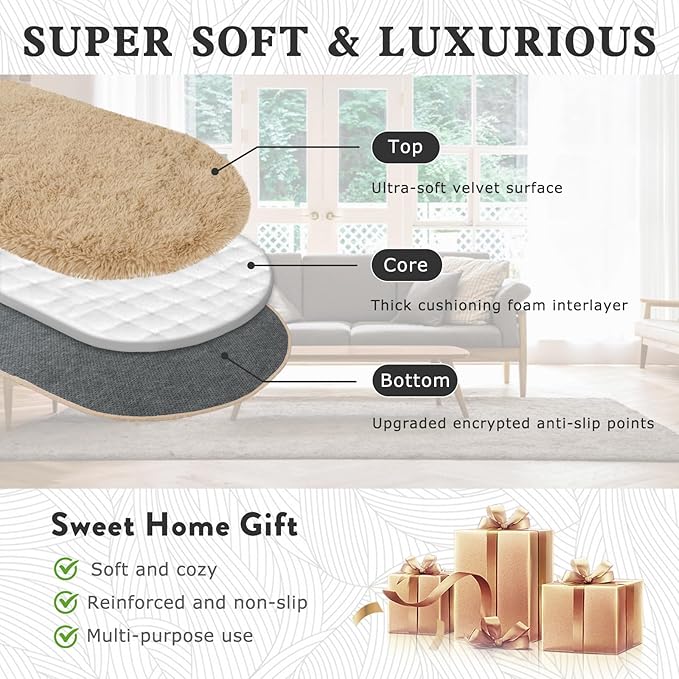 Soft Fluffy Area Rug for Bedroom, Fuzzy Shaggy Oval Throw Rugs for Bedside, Non-Slip Cozy Plush Shag Carpet for Kids Room Nursery Dorm Living Room, Beige, 2.6 x 5.3 Feet, 2 Packs
