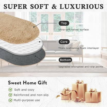 Soft Fluffy Area Rug for Bedroom, Fuzzy Shaggy Oval Throw Rugs for Bedside, Non-Slip Cozy Plush Shag Carpet for Kids Room Nursery Dorm Living Room, Beige, 2.6 x 5.3 Feet, 2 Packs