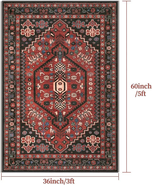 Ciicool 3x5 Area Rug, Washable Boho Rugs for Bedroom Non-Slip Indoor Low-Pile Mat Floor Oriental Carpet Vintage Rug for Kitchen Bedroom Living Room Office Dinning Foyer Decor