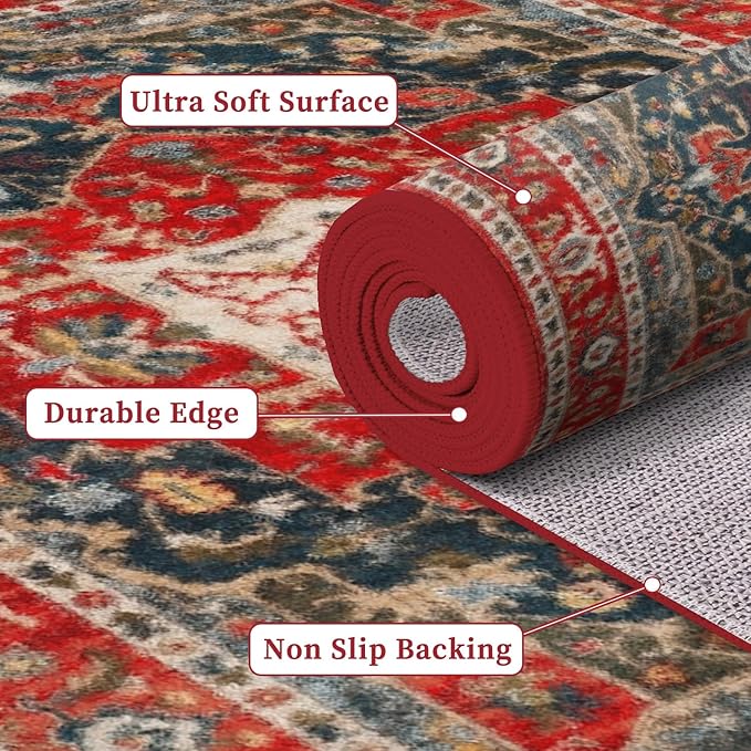 Enkor Runner Rugs for Hallway, 2x8 Washable Soft Boho Non Slip Floor Rugs for Kitchen, Modern Mat for Living Room Bedroom Entryway Red & Blue