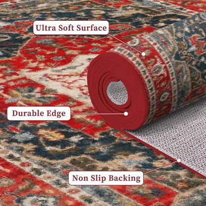 Enkor Runner Rugs for Hallway, 2x8 Washable Soft Boho Non Slip Floor Rugs for Kitchen, Modern Mat for Living Room Bedroom Entryway Red & Blue