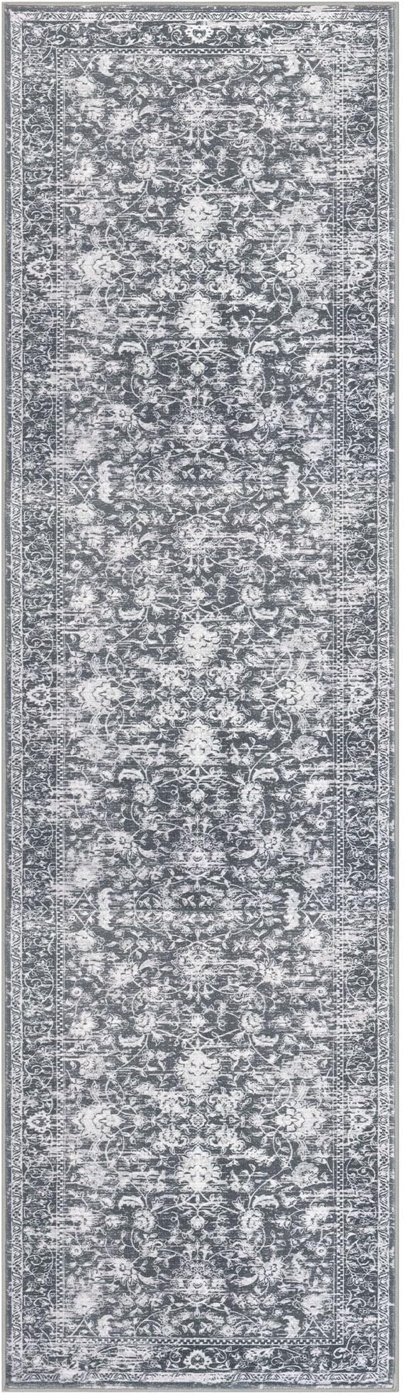 KILOCOCO Hallway Runner 2x8 Rug Runner Printed Vintage Floral Washable Kitchen Runners Non-Slip Rubber Backed Runners for Hallways Laundry Room Distressed Boho Rugs for Entryway Bedroom, Grey