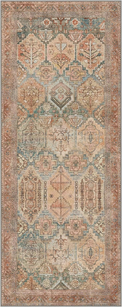 Bavni Kitchen Rug 2x8 Runner Rugs for Hallways Entryway, Washable Vintage Print Carpet, Ultra-Thin Chenille Low Pile Lightweight Rug with Non Slip Backing, Clay