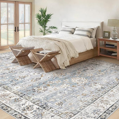 Area Rug 9x12 Living Room Rug, Machine Washable Vintage Distressed Boho Area Rug Non-Slip Soft Low Pile Large Indoor Rugs for Bedroom Kitchen Dining Room Office(Light Blue,9'x12')