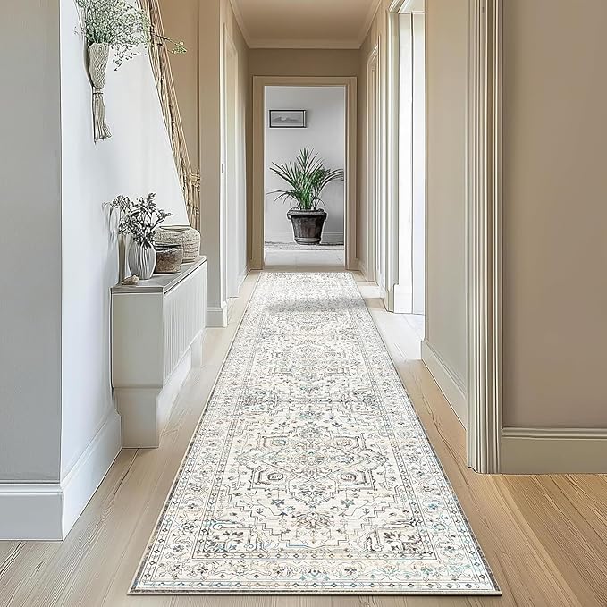 Enkor Runner Rugs for Hallway, 2.6x10.5 Washable Soft Non Slip Floor Rugs for Kitchen, Modern Mat for Living Room Bedroom Entryway White & Grey