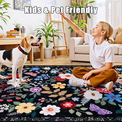 Area Rug Living Room Rugs: Floral 4x6 Washable Rug Vintage Soft Boho Non-Slip Carpet Indoor Floor Stain Resistant Large Carpets for Bedroom Dining Room Farmhouse Nursery Hallway Home Office Black