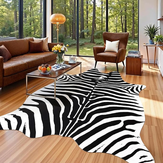 AROGAN Premium Faux Zebra Hide Rug 5.2 x 6.2 Feet, Sturdy and Large Size Bear Print Rugs, Suitable for Bedroom Living Room Western Decor, Faux Fur Animal Carpet, Black and White