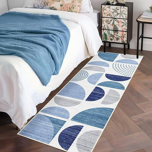MUJOO Runner Rug Washable,Blue 2x6 Area Rugs for Hallways Kitchen Bathroom Bedroom Entryway,Non Slip Carpet Long Mat Indoor,Boho Soft Modern Abstract Navy Blue