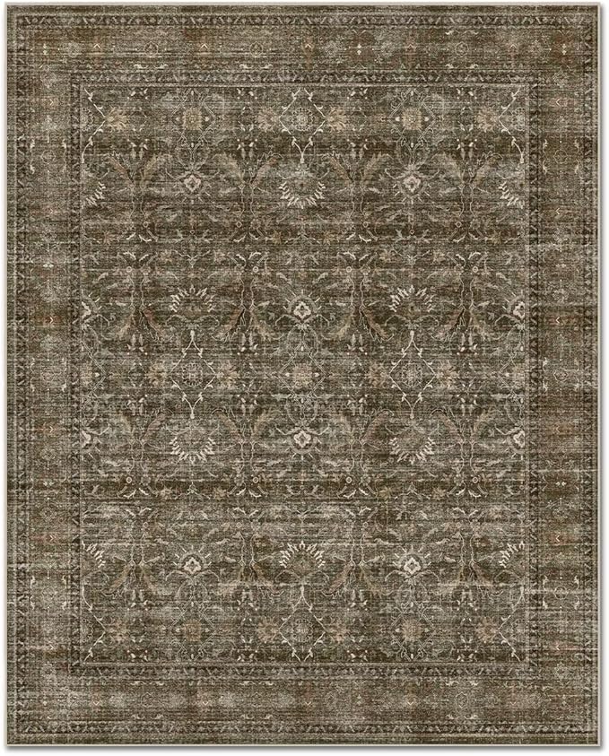 Washable 5x7 Area Rugs for Living Room, Boho Non-Slip Vintage Distress Rugs for Bedroom Dining Room Nursery Office, 0.3" Neutral Oriental Throw Thin Carpet with Cushioning Pad, Rust/Multi