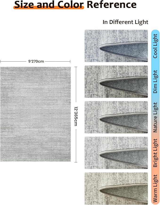 Art&Tuft Washable Rugs 9x12, Low Pile Area Rugs 9x12 Living Room - Non Slip and Stain Resistant Soft Thin Rug for Bedroom, Dining Room, Kitchen, Office, Grey
