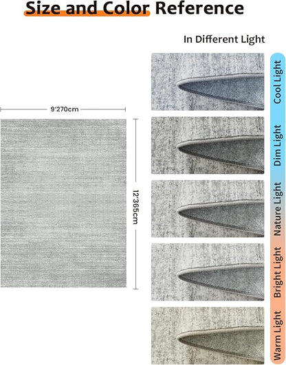 Art&Tuft Washable Rugs 9x12, Low Pile Area Rugs 9x12 Living Room - Non Slip and Stain Resistant Soft Thin Rug for Bedroom, Dining Room, Kitchen, Office, Grey