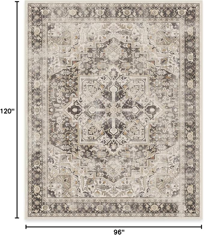 RUGGABLE Washable Vintage Area Rug – Kamran Hazel 8x10, Stain-Resistant, Non-Slip – Large Machine Washable Rugs for Living Room, Bedroom, Hallway, Entryway & Office–with Cushioned Pad