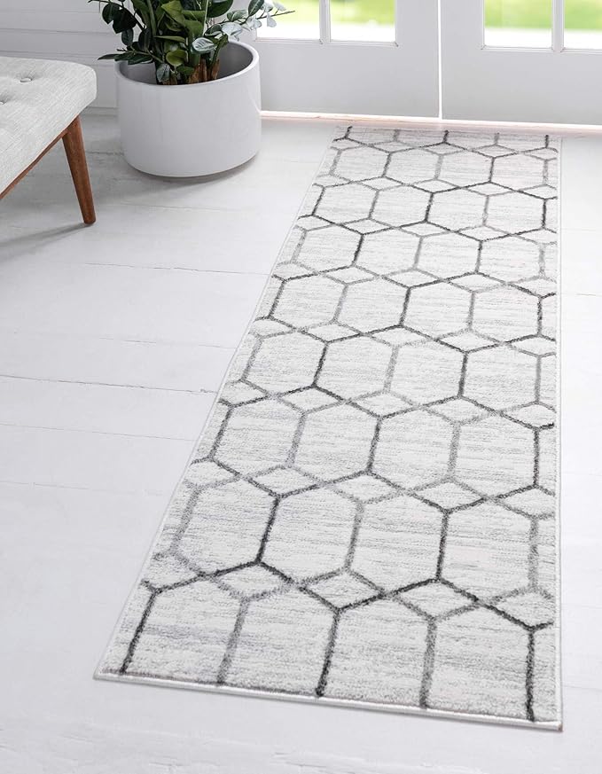Rugs.com Lattice Trellis Collection Rug – 10 Ft Runner White Low-Pile Rug Perfect for Hallways, Entryways