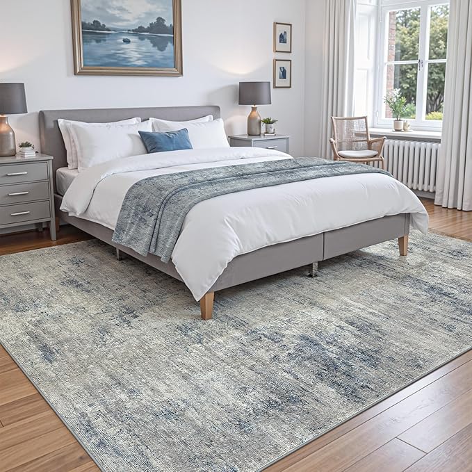 DEXI 9x12 Area Rug for Living Room, Modern Abstract Thin Washable Rug Indoor Floor, Non Slip Stain Resistant Low Pile Carpet for Dining Room Bedroom Office, Blue