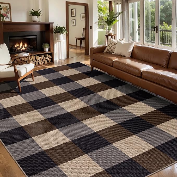 Tangsoo Checkered Easy Jute Rug 5x7 Large Washable Area Rug for Dining Room,Non-Slip Black Brown Indoor Outdoor Rug,Modern Thin Mat Outdoor Carpet for Living Room Bedroom Patio