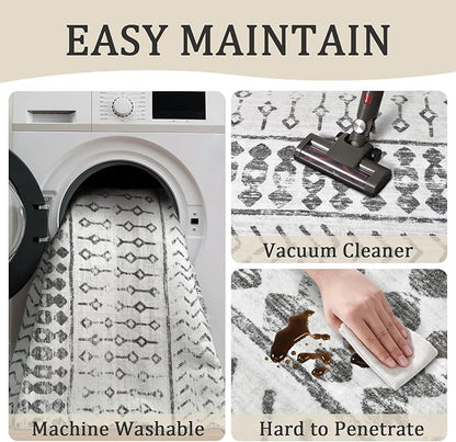 5x7 Machine Washable Area Rug for Living Room, Grey White Vintage Moroccan Rug Large Non-Slip Low Pile Soft Faux Wool Carpet, Kids and Pets Friendly for Bedroom Dining Room Farmhouse Home Decor Rug