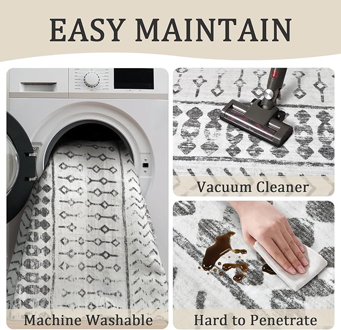2x3 Machine Washable Area Rug for Entryway, Grey White Vintage Moroccan Rug Non-Slip Low Pile Soft Faux Wool Small Carpet, Kids and Pets Friendly for Bedroom Kitchen Hallway Home Decor Rug