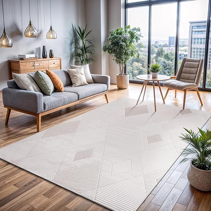CAMILSON Micro Loop Rug 4x6 Modern Luxury Geometric Diamond Trellis Area Rugs Soft High and Low Pile Stain Resistant Easy-Cleaning Non-Shedding for Living Room Office Indoor Carpet (4 x 6 White-Beige)
