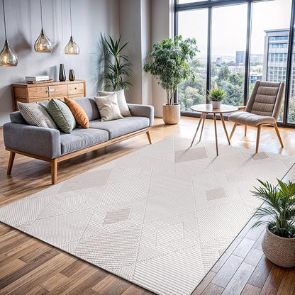 CAMILSON Micro Loop Rug 4x6 Modern Luxury Geometric Diamond Trellis Area Rugs Soft High and Low Pile Stain Resistant Easy-Cleaning Non-Shedding for Living Room Office Indoor Carpet (4 x 6 White-Beige)