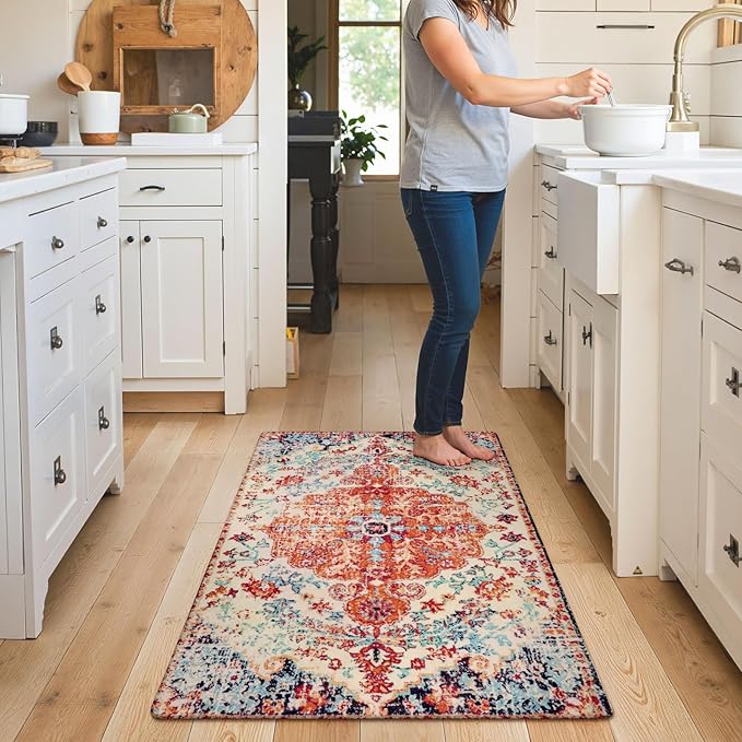 Lahome Bohemian Floral Medallion Area Rug - 3x5 Bedroom Rug Soft Throw Printed Bathroom Kitchen Entry Foyer Mat, Vintage Non-Slip Washable Carpet for Front Door Laundry Room Bath Office, Orange