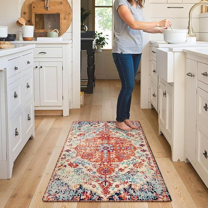 Lahome Bohemian Floral Medallion Area Rug - 3x5 Bedroom Rug Soft Throw Printed Bathroom Kitchen Entry Foyer Mat, Vintage Non-Slip Washable Carpet for Front Door Laundry Room Bath Office, Orange