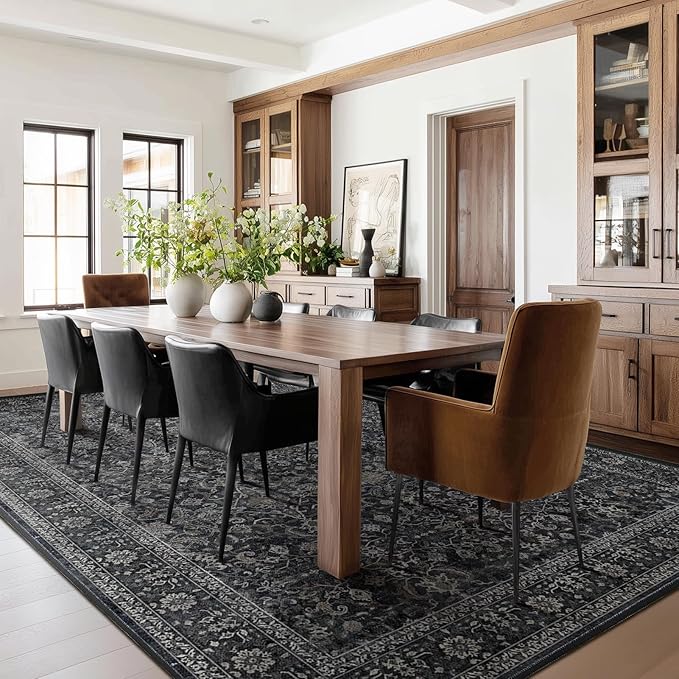 Vintage Charcoal Large Area Rugs 9x12 for Living Room, Earth Tone Dark Big Room Carpet Rug for Bedroom Dining Room, Washable Rug with Rubber Backing Low Pile Thin Soft for Family Room