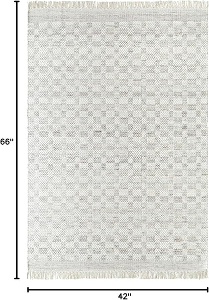 Mark&Day Wool Rugs, 4x6 Clinten Solid and Border Light Gray Checkered Rug, Grey Ivory Carpet for Living Room, Bedroom or Kitchen (3'6" x 5'6")