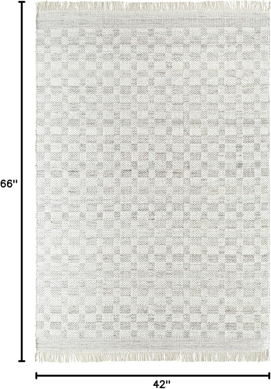 Mark&Day Wool Rugs, 4x6 Clinten Solid and Border Light Gray Checkered Rug, Grey Ivory Carpet for Living Room, Bedroom or Kitchen (3'6" x 5'6")