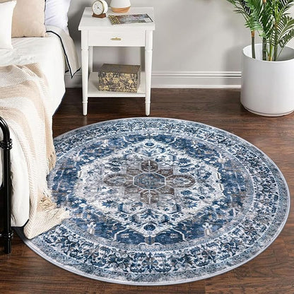 KOZYFLY Round Rug 5 Ft Rugs for Entryway Washable Circle Entrance Rug Non Slip Round Doormat Indoor Printed Faux Wool Round Front Door Mat Floor Carpet for Backdoor, Entryway, Bedroom, Blue