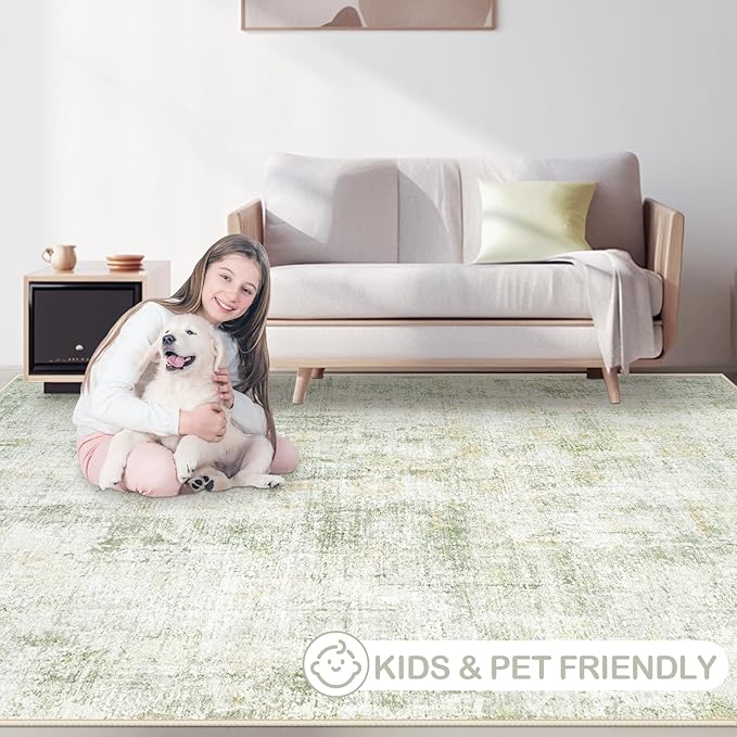 Area Rugs 9x12 Living Room: Washable Rug Modern Abstract Large Rugs Soft Non Slip Neutral Rug Stain Resistant Indoor Carpet for Bedroom Kitchen Dining Room Home Office Rugs(Green Brown,9'x12')