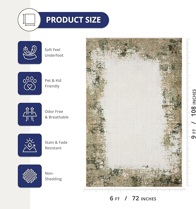 Abani Beige with Green Border Washable Area Rug – 6' x 9' – Classic Textured Design – Ivy Collection – Non-Shedding, Easy to Clean – Durable for High Traffic Areas – Living Room & Bedroom